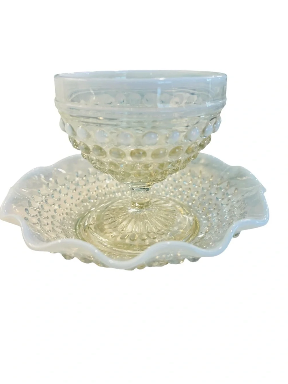 Vintage Moonstone Opalescent Hobnail Sherbet Coupe & Dessert Plates Set of 6